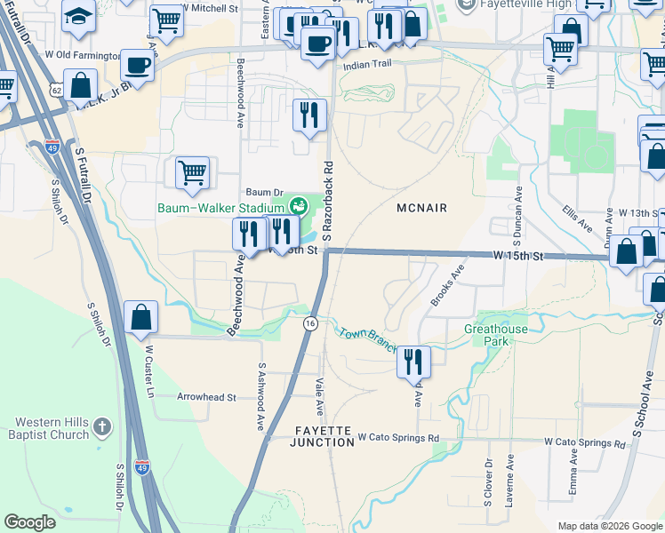 map of restaurants, bars, coffee shops, grocery stores, and more near 1629 South Razorback Road in Fayetteville