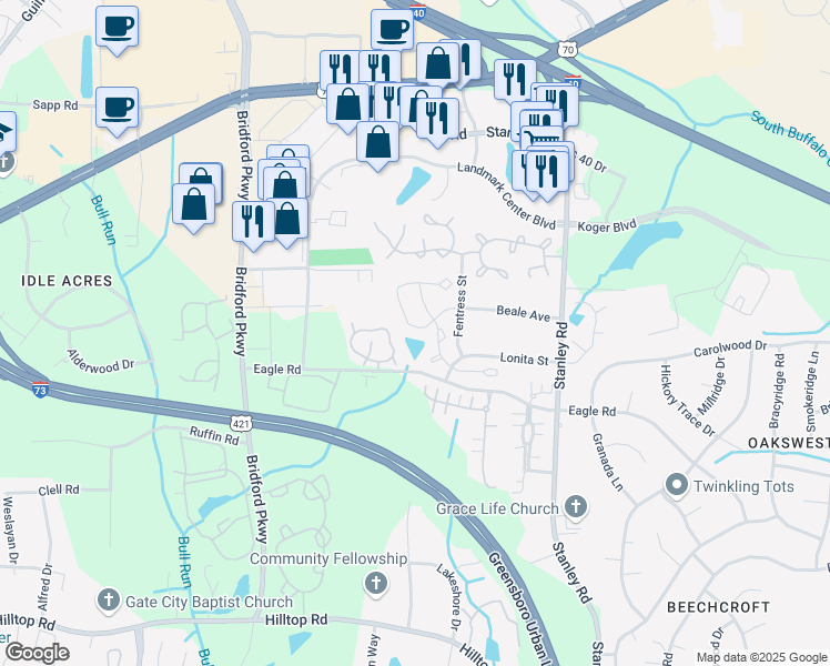 map of restaurants, bars, coffee shops, grocery stores, and more near 219 Malamute Lane in Greensboro