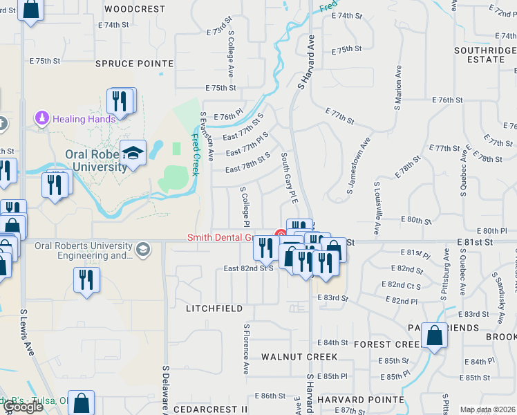 map of restaurants, bars, coffee shops, grocery stores, and more near 7920 South Florence Avenue East in Tulsa