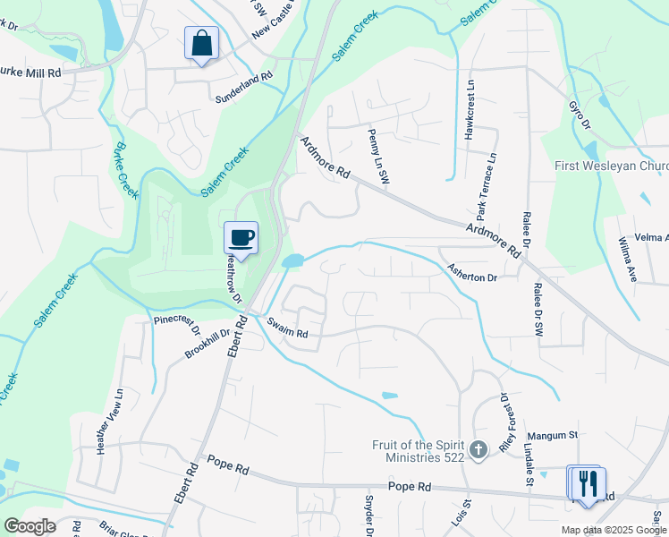 map of restaurants, bars, coffee shops, grocery stores, and more near 1845 North Winds Drive in Winston-Salem