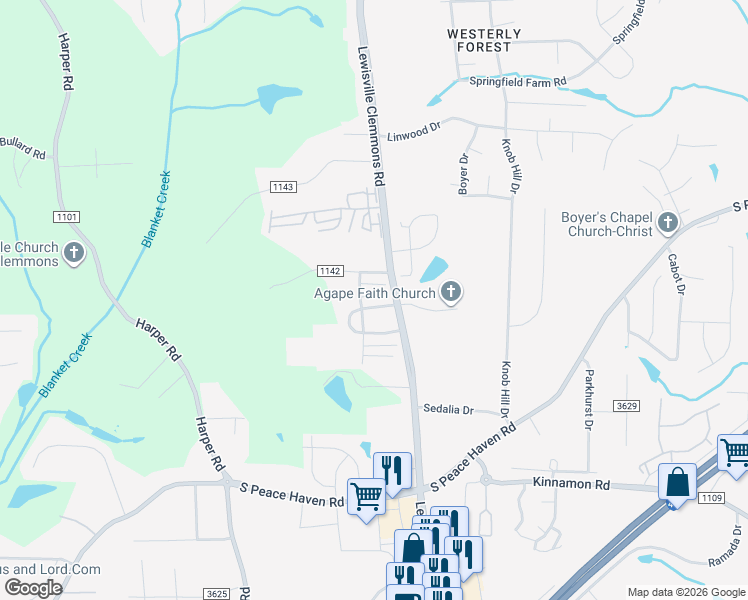 map of restaurants, bars, coffee shops, grocery stores, and more near 2124 Weststone Road in Clemmons
