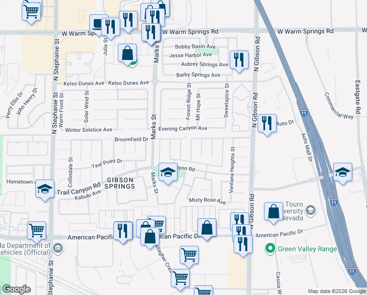 map of restaurants, bars, coffee shops, grocery stores, and more near 270 Sweet Jewel Street in Henderson