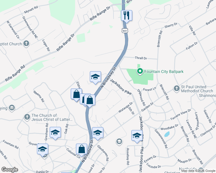 map of restaurants, bars, coffee shops, grocery stores, and more near 5802 North Broadway Street in Knoxville
