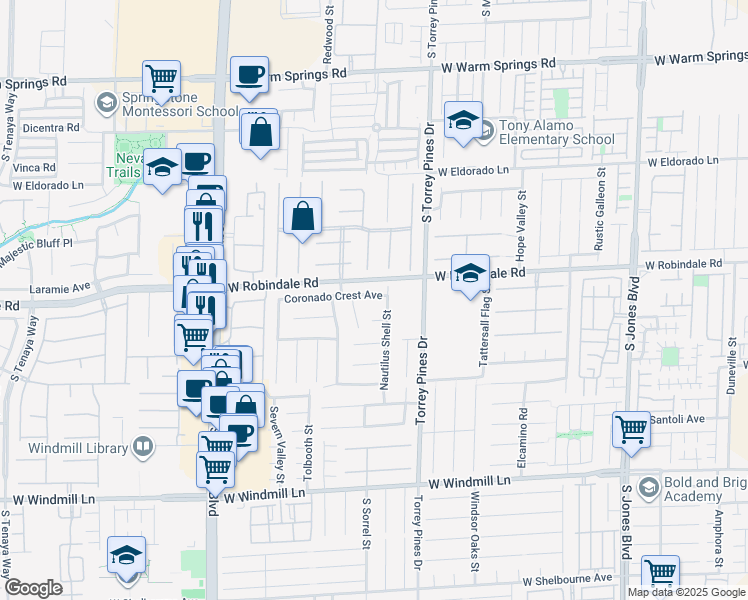 map of restaurants, bars, coffee shops, grocery stores, and more near 6585 Coronado Crest Avenue in Las Vegas