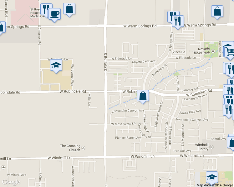 map of restaurants, bars, coffee shops, grocery stores, and more near 268 West Robindale Road in Las Vegas