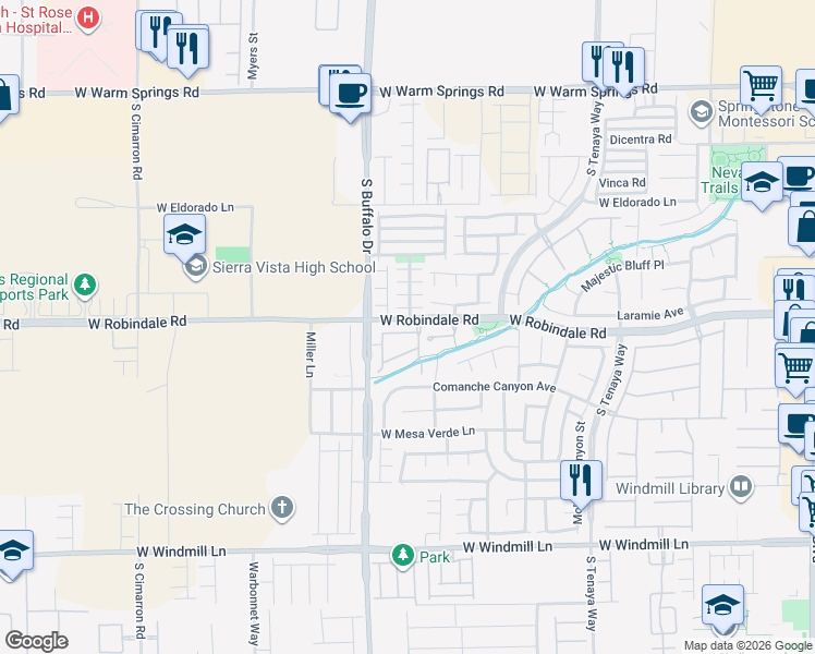 map of restaurants, bars, coffee shops, grocery stores, and more near 7701 West Robindale Road in Las Vegas