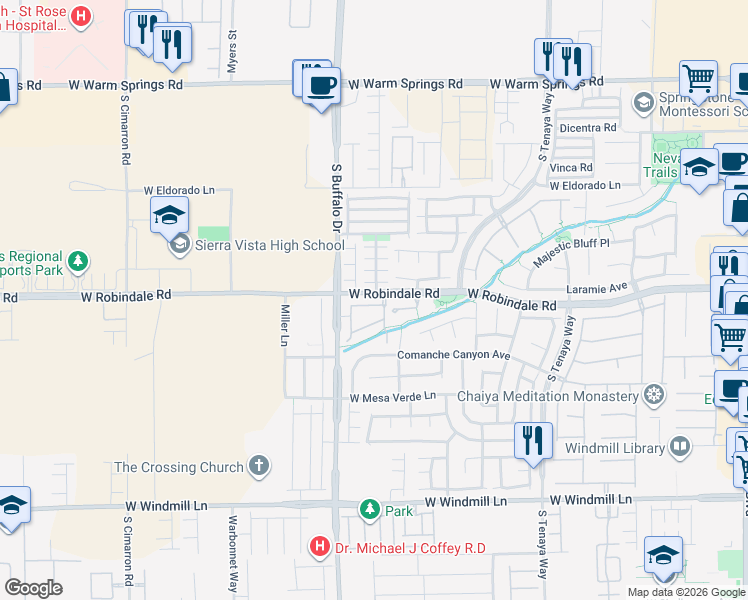 map of restaurants, bars, coffee shops, grocery stores, and more near 268 West Robindale Road in Las Vegas