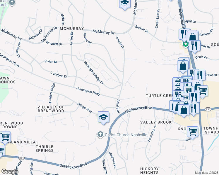 map of restaurants, bars, coffee shops, grocery stores, and more near 362 Huntington Ridge Drive in Nashville