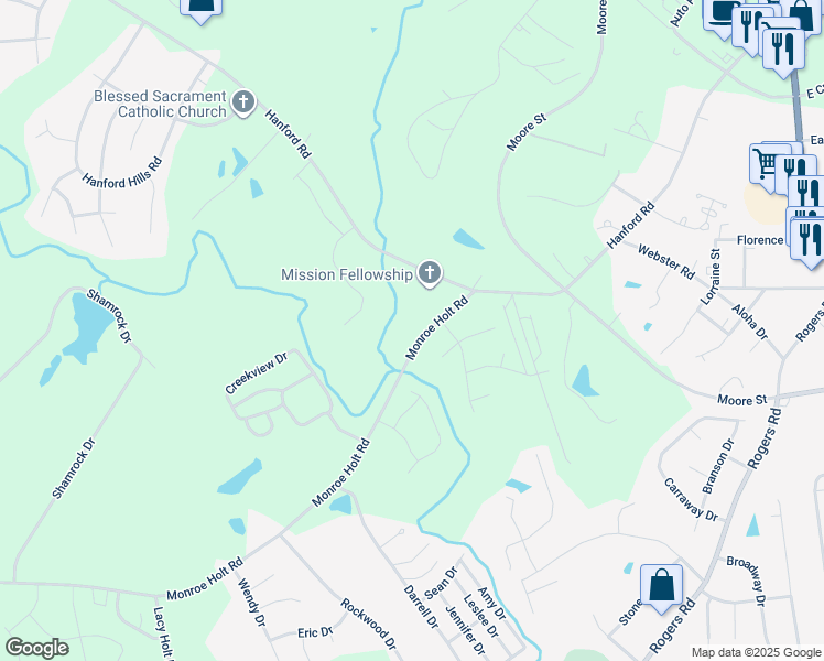 map of restaurants, bars, coffee shops, grocery stores, and more near 613 Monroe Holt Road in Graham
