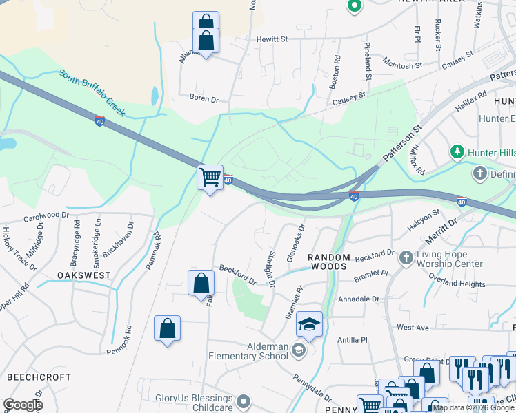 map of restaurants, bars, coffee shops, grocery stores, and more near 1501 Fairfax Road in Greensboro