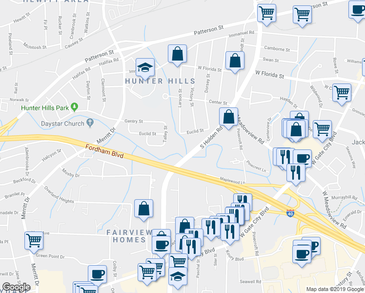 map of restaurants, bars, coffee shops, grocery stores, and more near 3309 Euclid Street in Greensboro