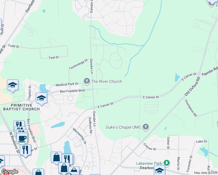 map of restaurants, bars, coffee shops, grocery stores, and more near 526 Hobkirks Place in Durham