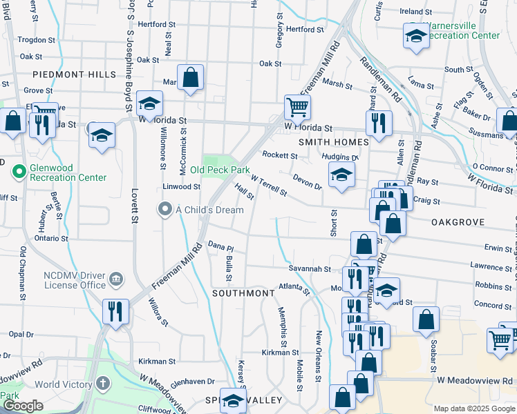map of restaurants, bars, coffee shops, grocery stores, and more near 2005 Kersey Street in Greensboro