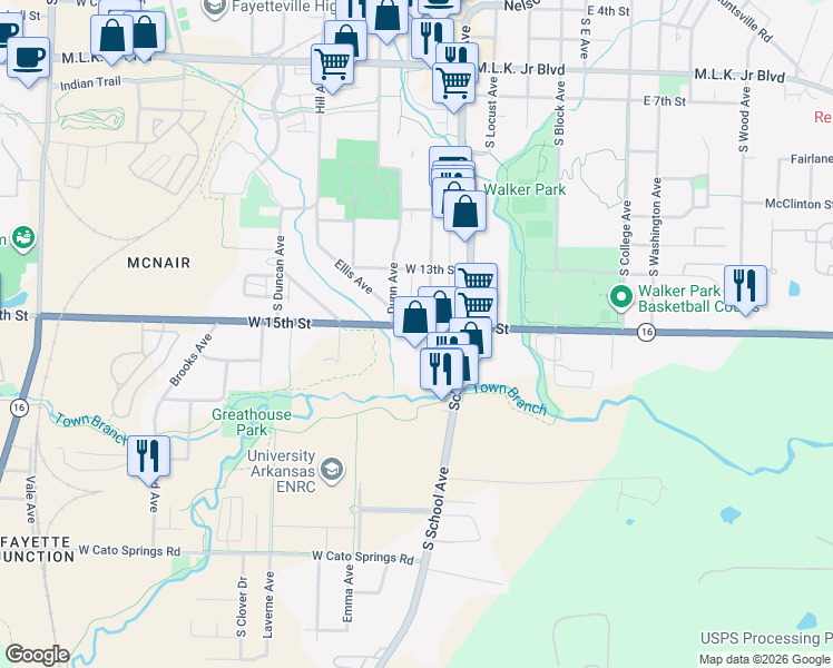 map of restaurants, bars, coffee shops, grocery stores, and more near 525 West 15th Street in Fayetteville