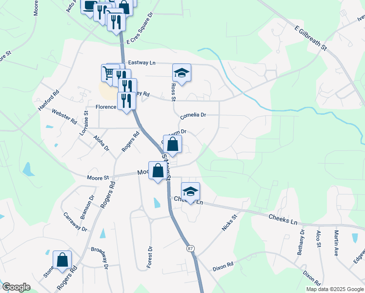 map of restaurants, bars, coffee shops, grocery stores, and more near 102 Southwood Court in Graham