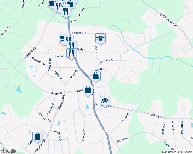 map of restaurants, bars, coffee shops, grocery stores, and more near 103 Southwood Court in Graham