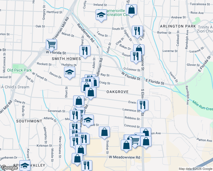 map of restaurants, bars, coffee shops, grocery stores, and more near 307 Craig St in Greensboro