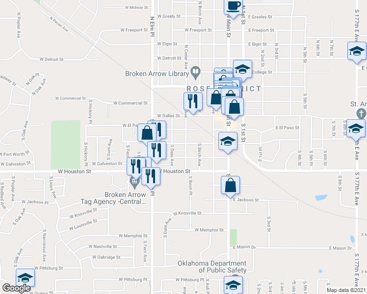 map of restaurants, bars, coffee shops, grocery stores, and more near 500 South Cedar Avenue in Broken Arrow