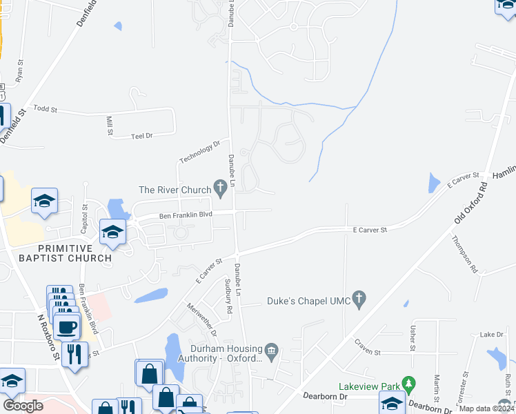 map of restaurants, bars, coffee shops, grocery stores, and more near 4143 Trevino Drive in Durham County