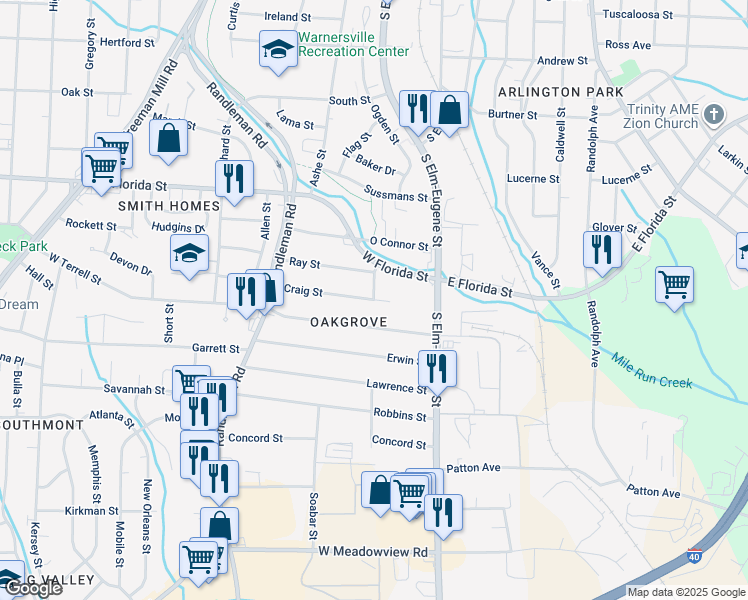 map of restaurants, bars, coffee shops, grocery stores, and more near 399 Craig Street in Greensboro
