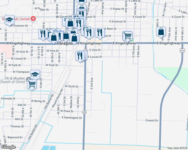 map of restaurants, bars, coffee shops, grocery stores, and more near 907 South 3rd Avenue in Paragould
