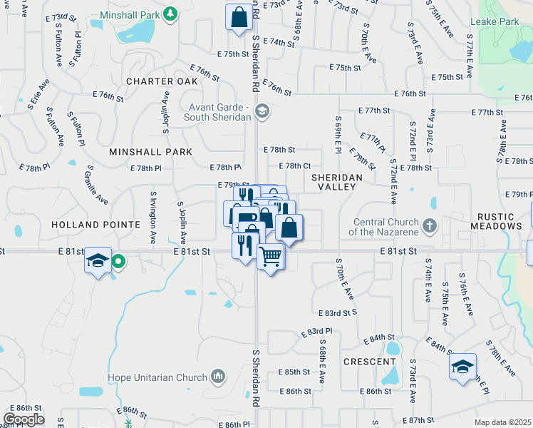 map of restaurants, bars, coffee shops, grocery stores, and more near 7910 South Sheridan Road in Tulsa