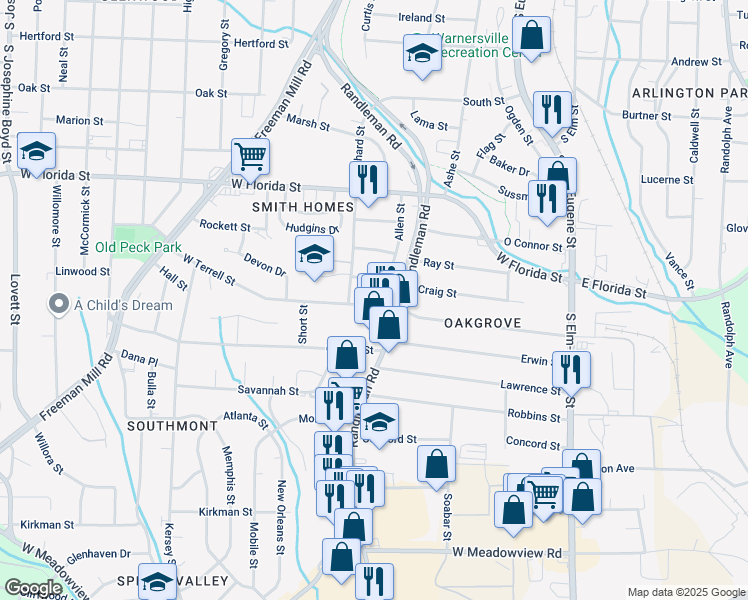 map of restaurants, bars, coffee shops, grocery stores, and more near 512 West Terrell Street in Greensboro