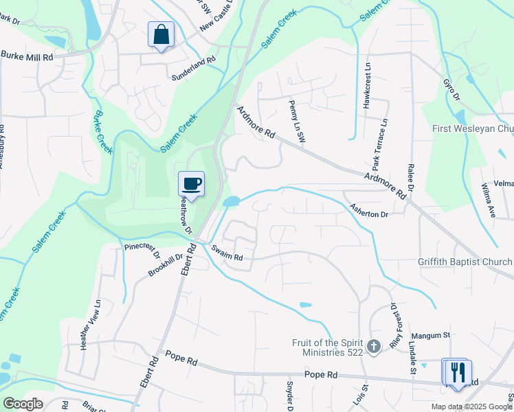 map of restaurants, bars, coffee shops, grocery stores, and more near 1845 North Winds Drive in Winston-Salem