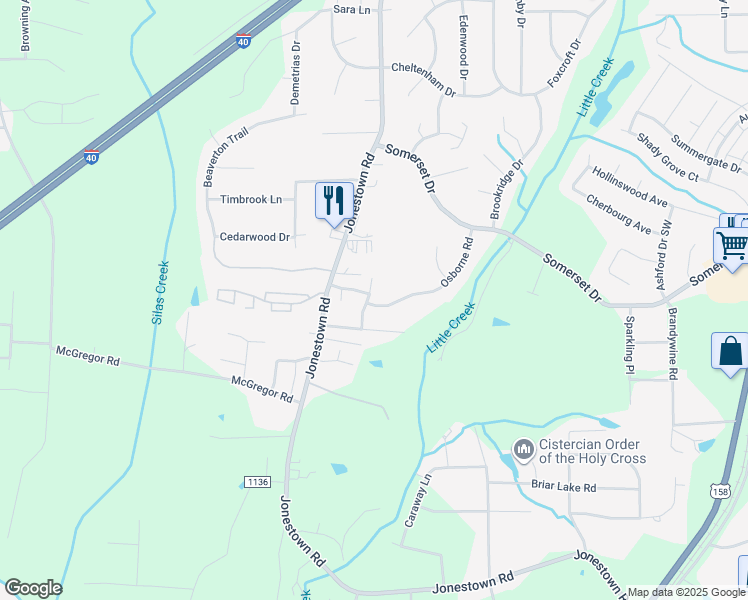 map of restaurants, bars, coffee shops, grocery stores, and more near 547 Osborne Road in Winston-Salem