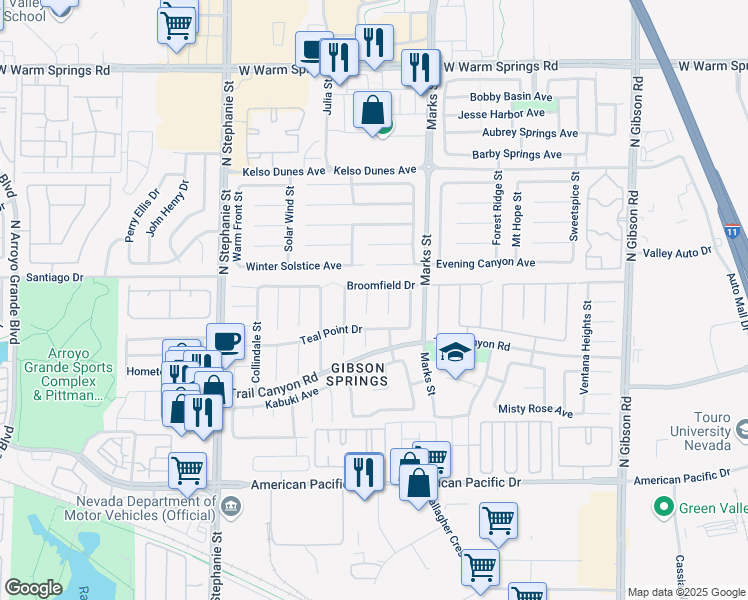 map of restaurants, bars, coffee shops, grocery stores, and more near 268 Copper Glow Court in Henderson