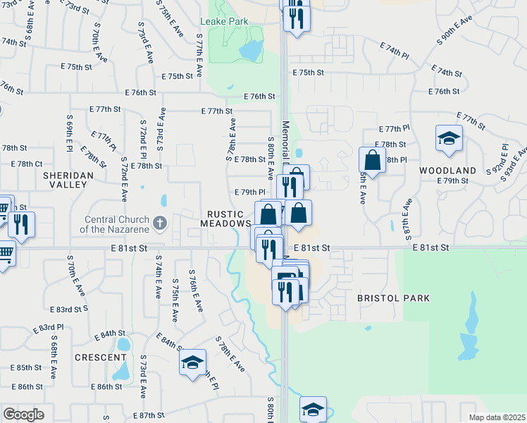 map of restaurants, bars, coffee shops, grocery stores, and more near 7906 East 80th Street in Tulsa