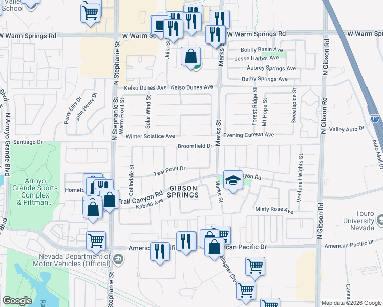 map of restaurants, bars, coffee shops, grocery stores, and more near 268 Copper Glow Court in Henderson