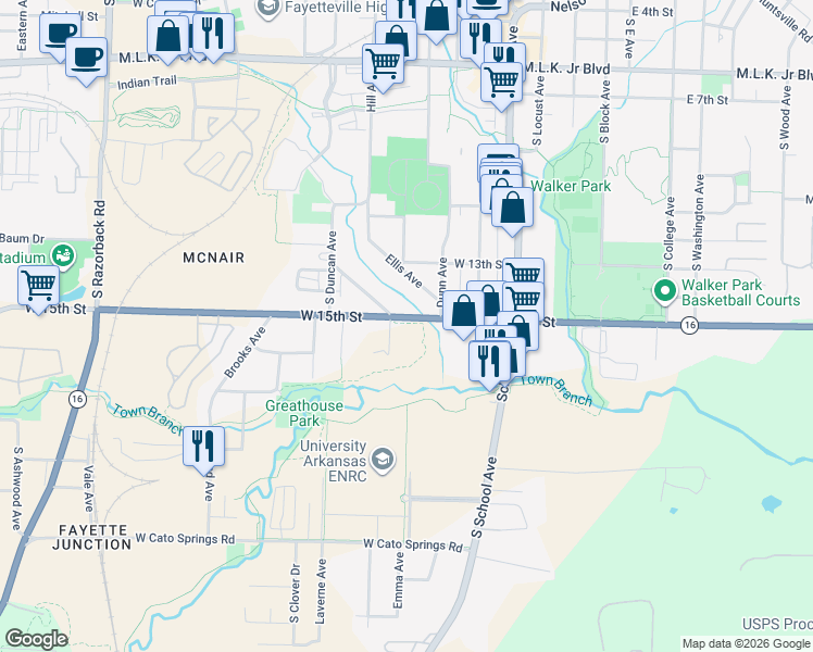 map of restaurants, bars, coffee shops, grocery stores, and more near 623-729 West 15th Street in Fayetteville