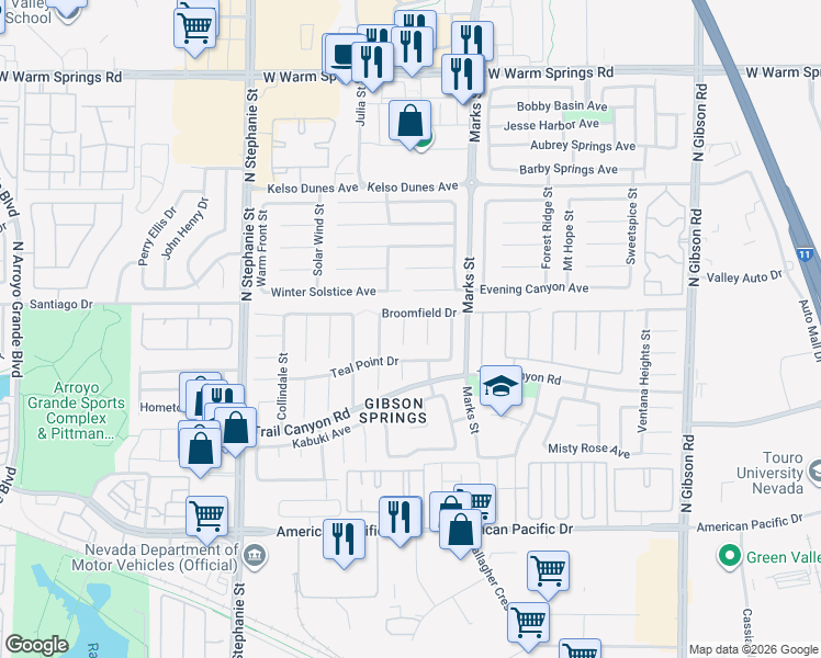 map of restaurants, bars, coffee shops, grocery stores, and more near 267 Daisy Gold Court in Henderson