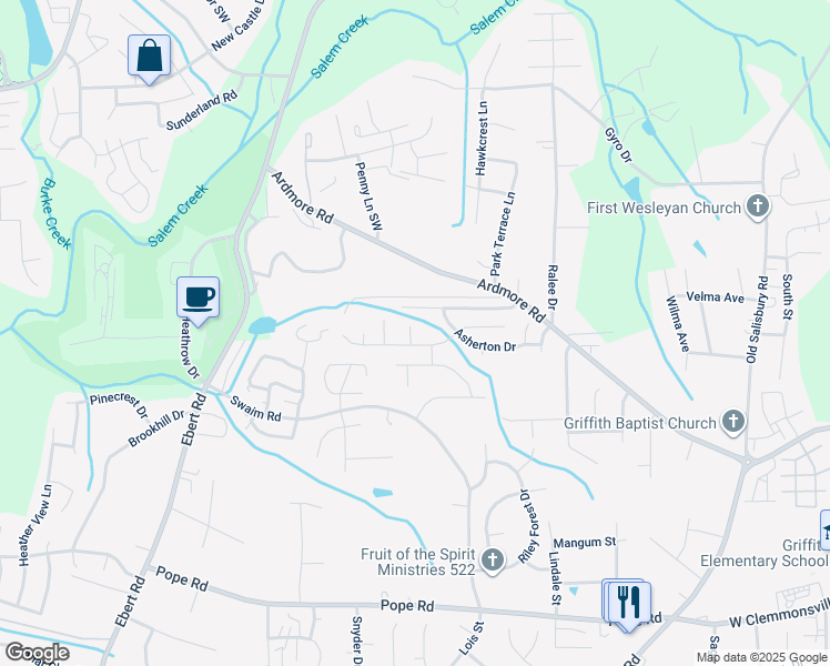map of restaurants, bars, coffee shops, grocery stores, and more near 115 Braeburn Court in Winston-Salem