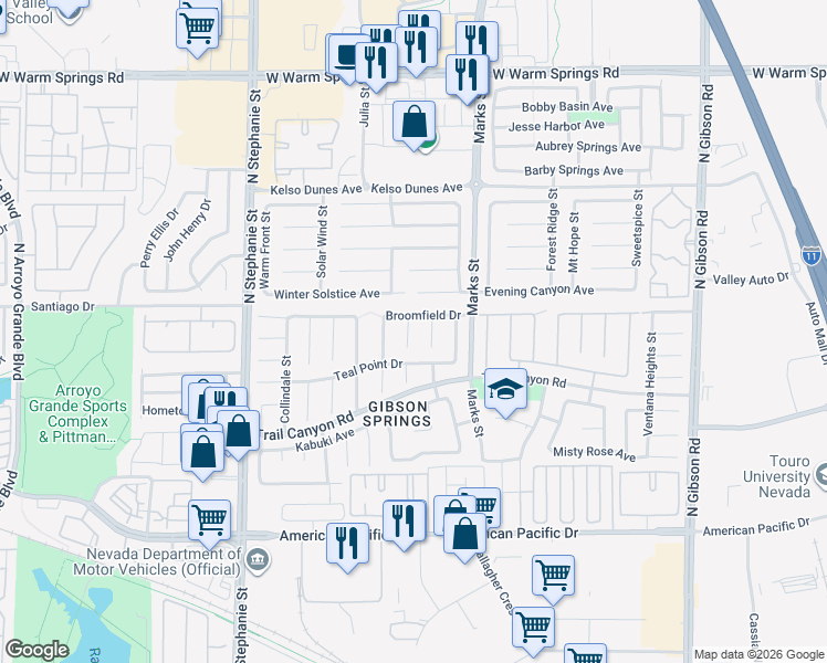 map of restaurants, bars, coffee shops, grocery stores, and more near 268 Copper Glow Court in Henderson