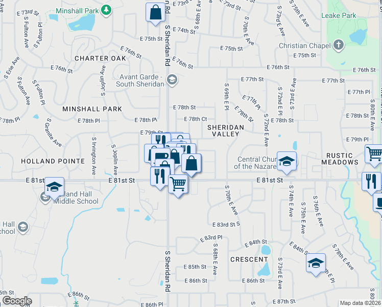 map of restaurants, bars, coffee shops, grocery stores, and more near 6704 East 79th Street in Tulsa