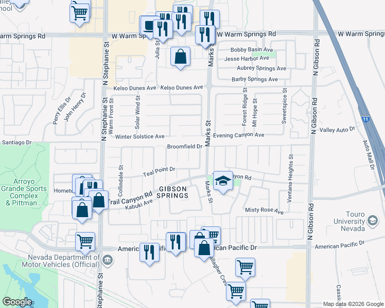 map of restaurants, bars, coffee shops, grocery stores, and more near 267 Daisy Gold Court in Henderson