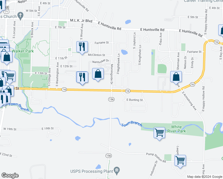 map of restaurants, bars, coffee shops, grocery stores, and more near 1351 Morningside Drive in Fayetteville