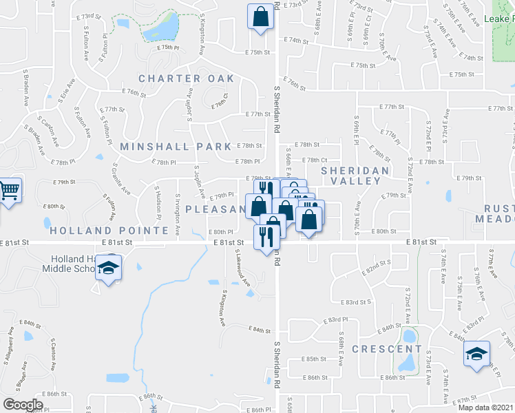 map of restaurants, bars, coffee shops, grocery stores, and more near 7902 South Sheridan Road in Tulsa