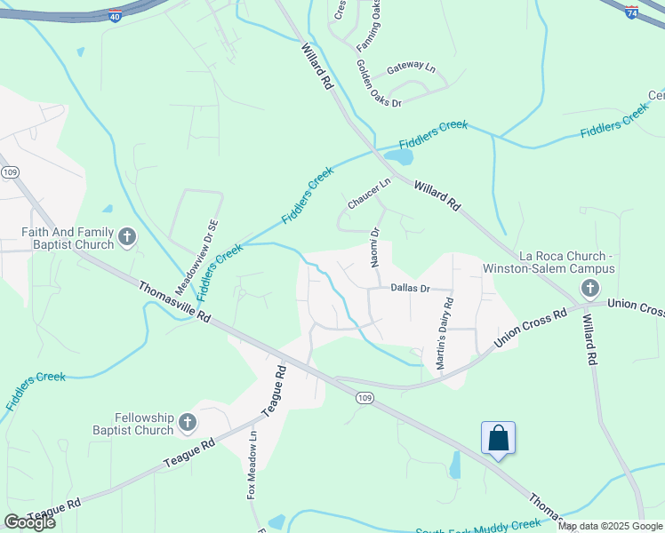 map of restaurants, bars, coffee shops, grocery stores, and more near 2683 Dallas Drive in Winston-Salem