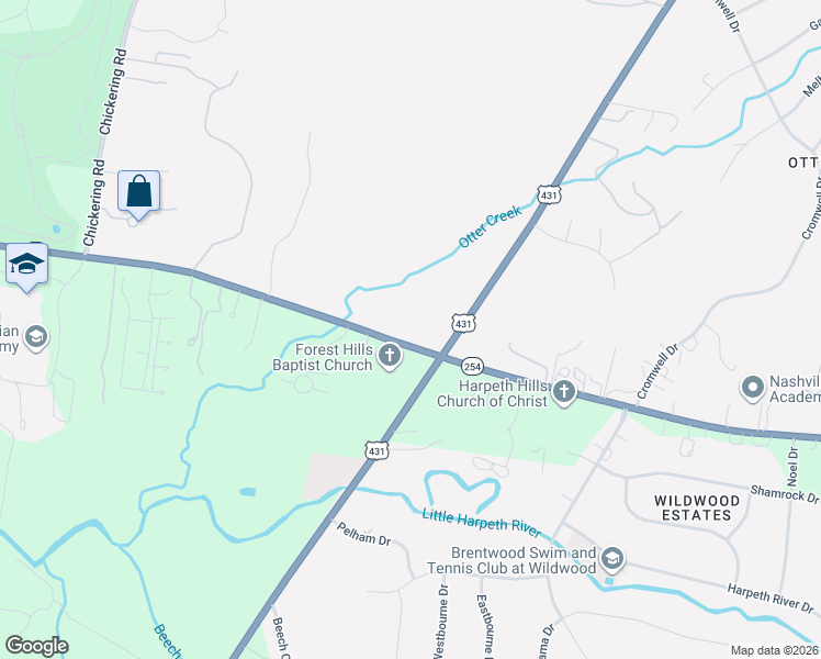 map of restaurants, bars, coffee shops, grocery stores, and more near 2122 Old Hickory Boulevard in Nashville
