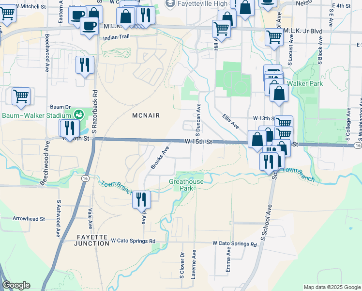 map of restaurants, bars, coffee shops, grocery stores, and more near 875 West 15th Street in Fayetteville
