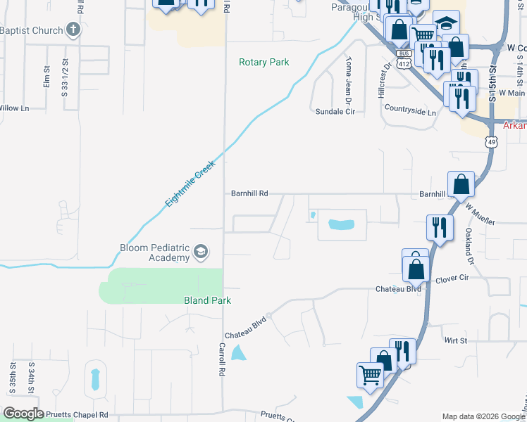 map of restaurants, bars, coffee shops, grocery stores, and more near 2505 Alexander Circle in Paragould