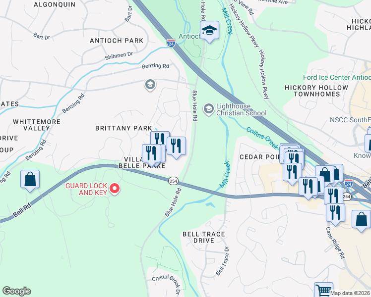 map of restaurants, bars, coffee shops, grocery stores, and more near 5215 Blue Hole Road in Nashville