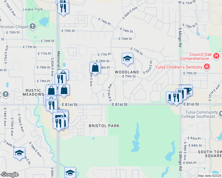 map of restaurants, bars, coffee shops, grocery stores, and more near 8003 South 87th East Avenue South in Tulsa