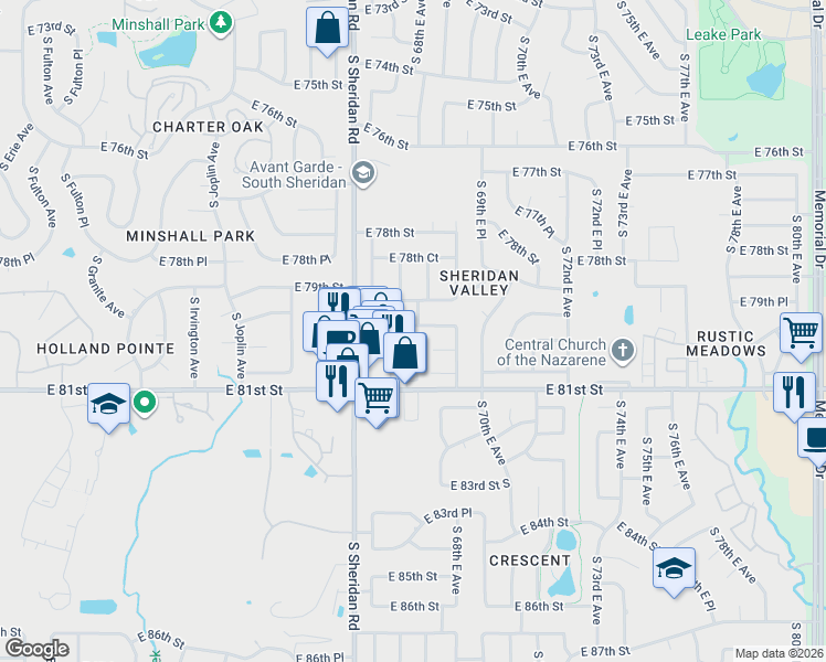 map of restaurants, bars, coffee shops, grocery stores, and more near 6704 East 79th Street in Tulsa