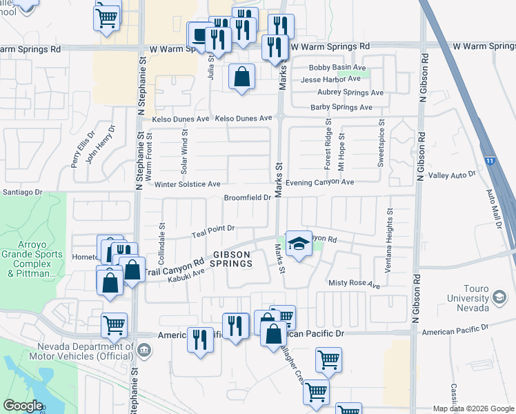 map of restaurants, bars, coffee shops, grocery stores, and more near 267 Daisy Gold Court in Henderson