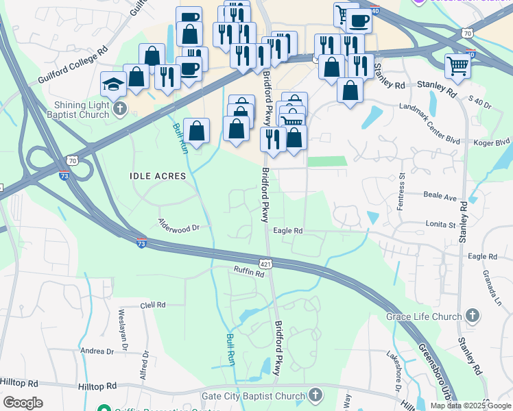map of restaurants, bars, coffee shops, grocery stores, and more near 1402 Bridford Parkway in Greensboro