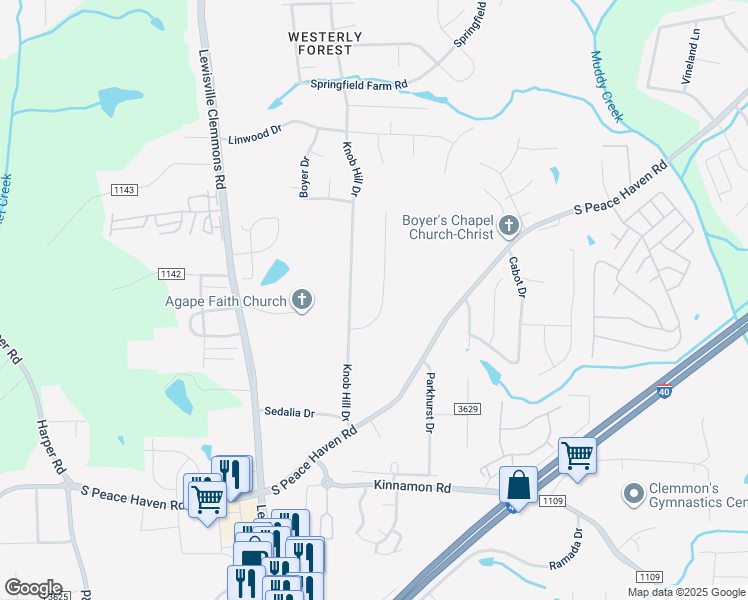 map of restaurants, bars, coffee shops, grocery stores, and more near 2764 Park Oak Drive in Clemmons